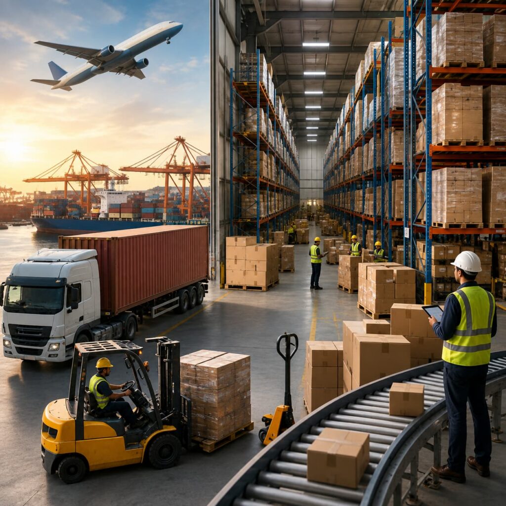 Warehouse team loading stocks in the warehouse 